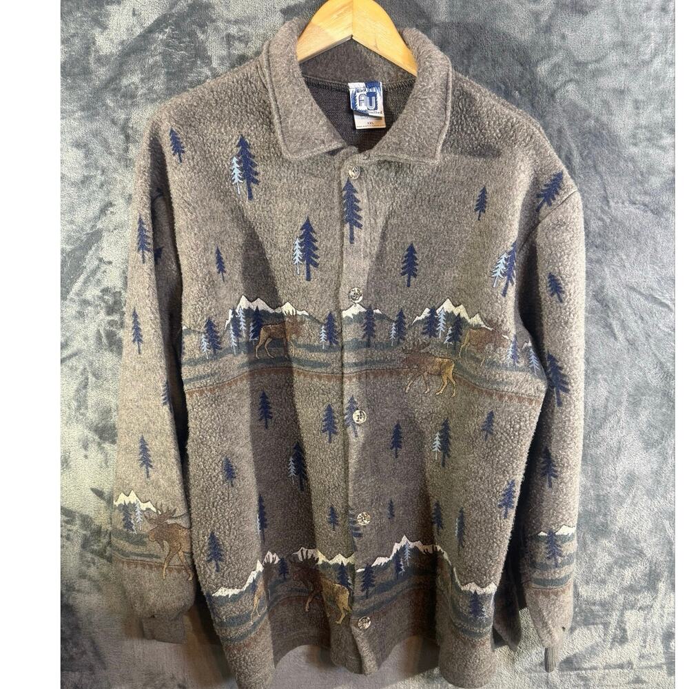 VTG 90s Art Unlimited Fleece Jacket XXL Moose Mountain Gorpcore Cabin Fleece USA